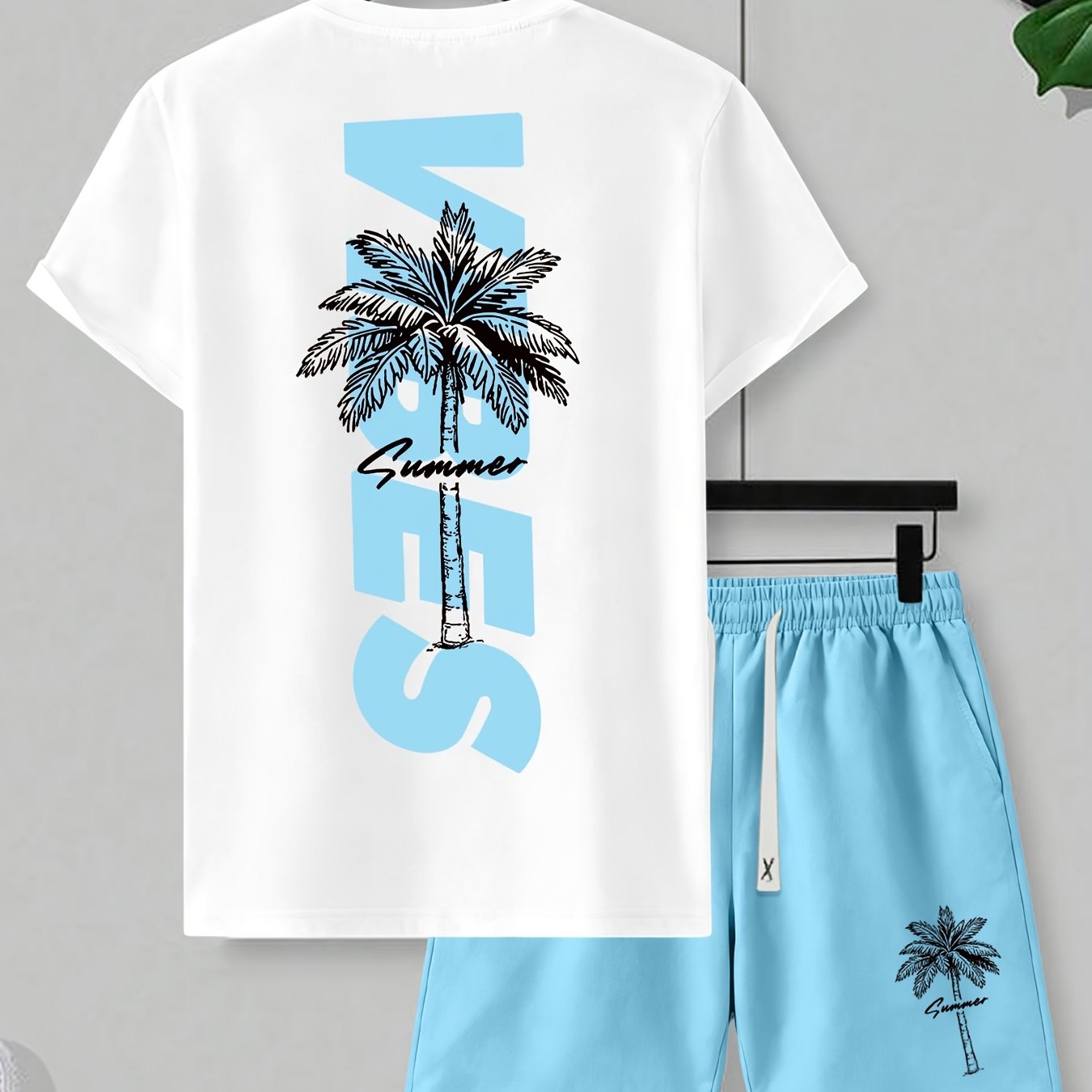 TEMU Summer Pattern Letter Print Round Neck Short Sleeve T-shirt And Drawstring Outdoor Casual Sports Shorts 2pcs Set
