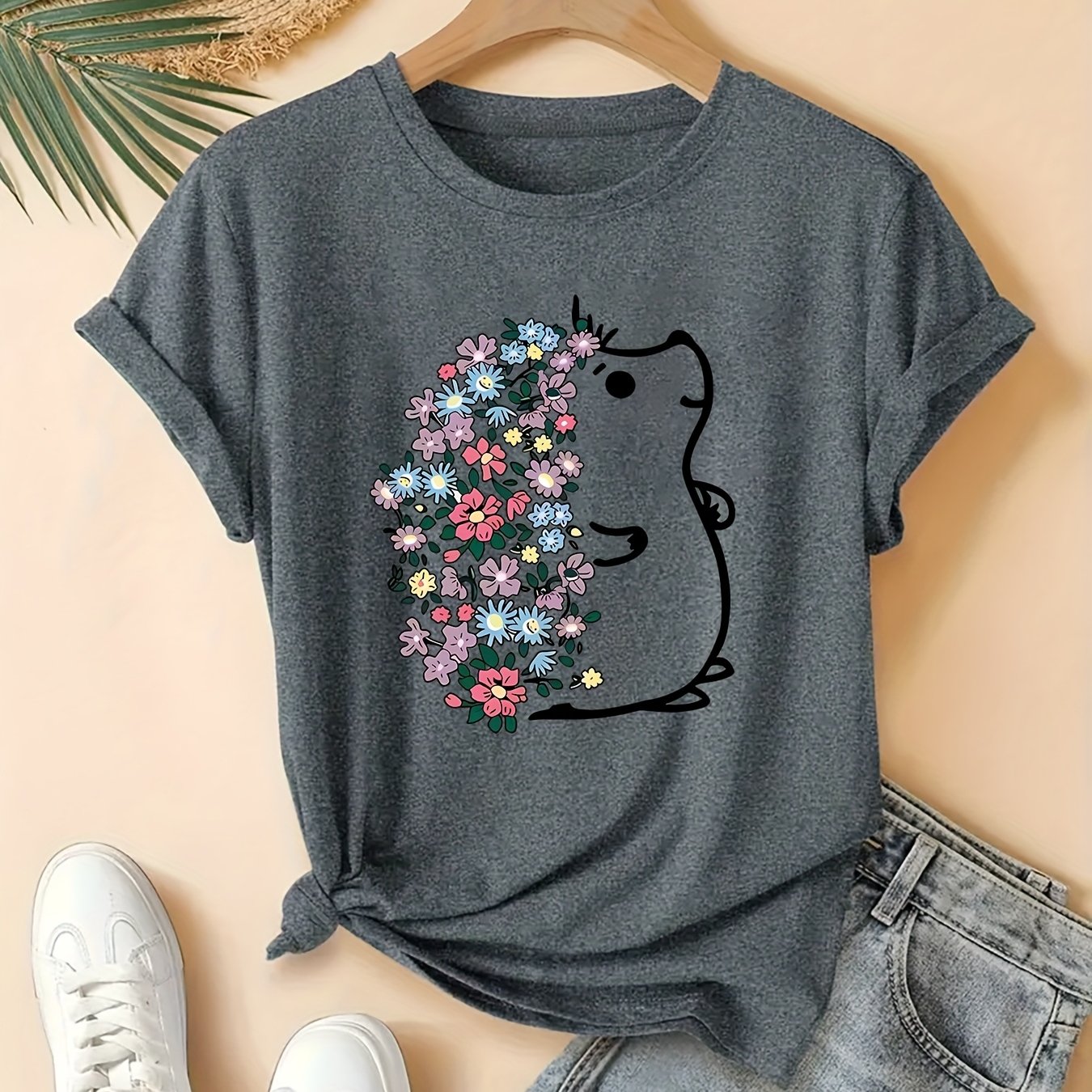 TEMU Plus Size Women's Casual Short Sleeve T-shirt - Cute Hedgehog & Colorful Floral Graphic Print, Round Neck, Breathable Medium Stretch Fabric,