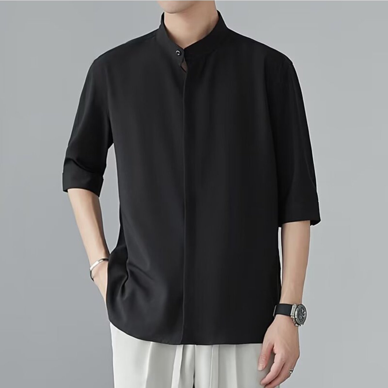 New Chinese Collar Short Sleeve Shirt For Men Summer New Unique Shirt High-end Drape Mid Sleeve Shirt (refer To The Size Chart)