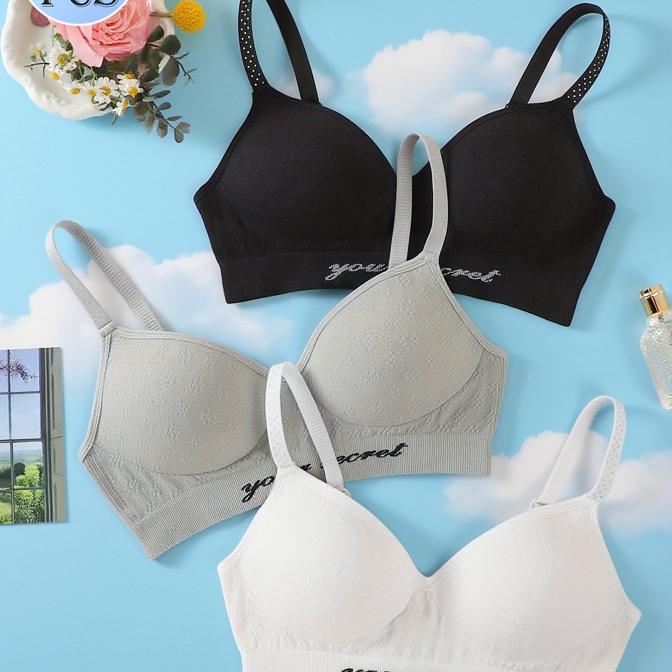 TEMU Set Of 3 Women's Bralettes, Featuring Push- And Adjustable Shoulder Straps With A Checked Trim, Ideal For Everyday Use
