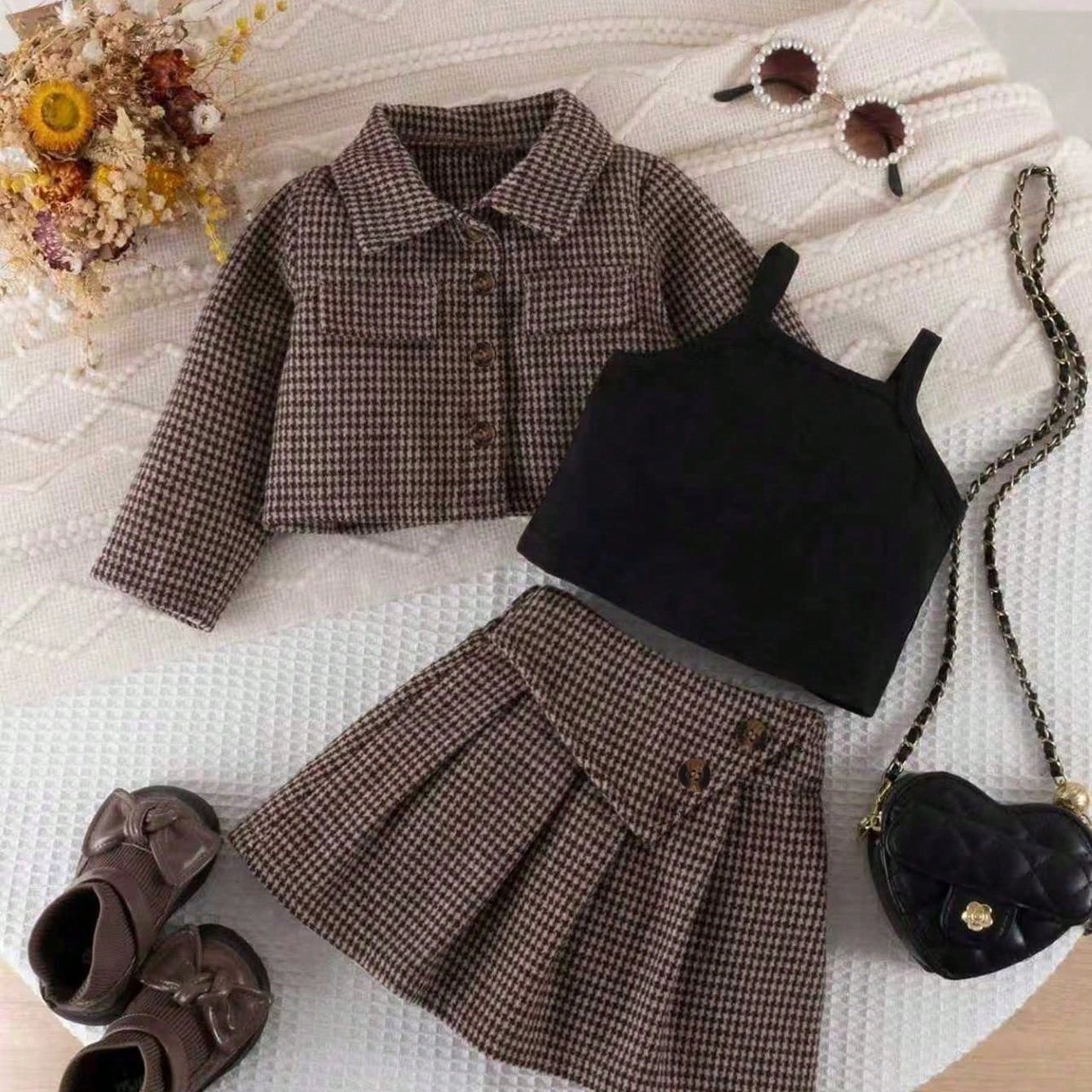 TEMU Ensemble 3 pièces pour fille : Cardigan style élégant et tendance + Débardeur + Jupe, tenue décontractée et polyvalente automne/hiver pour
