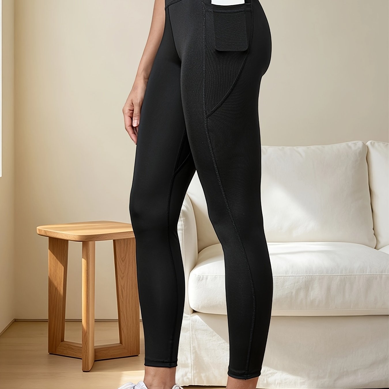 TEMU 1 pc Leggings taille haute gainant le fessier avec poche, Couche de base confortable et ajustée, Tissu lisse comme du , Extensible dans les