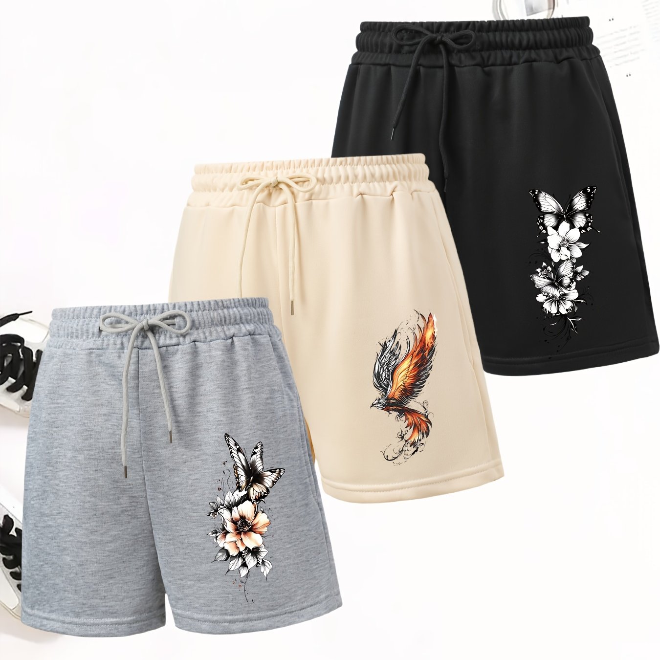 TEMU 3pcs Women's Elegant Casual Jogger Shorts - Floral Print, Drawstring Loose Fit Shorts, Machine Washable