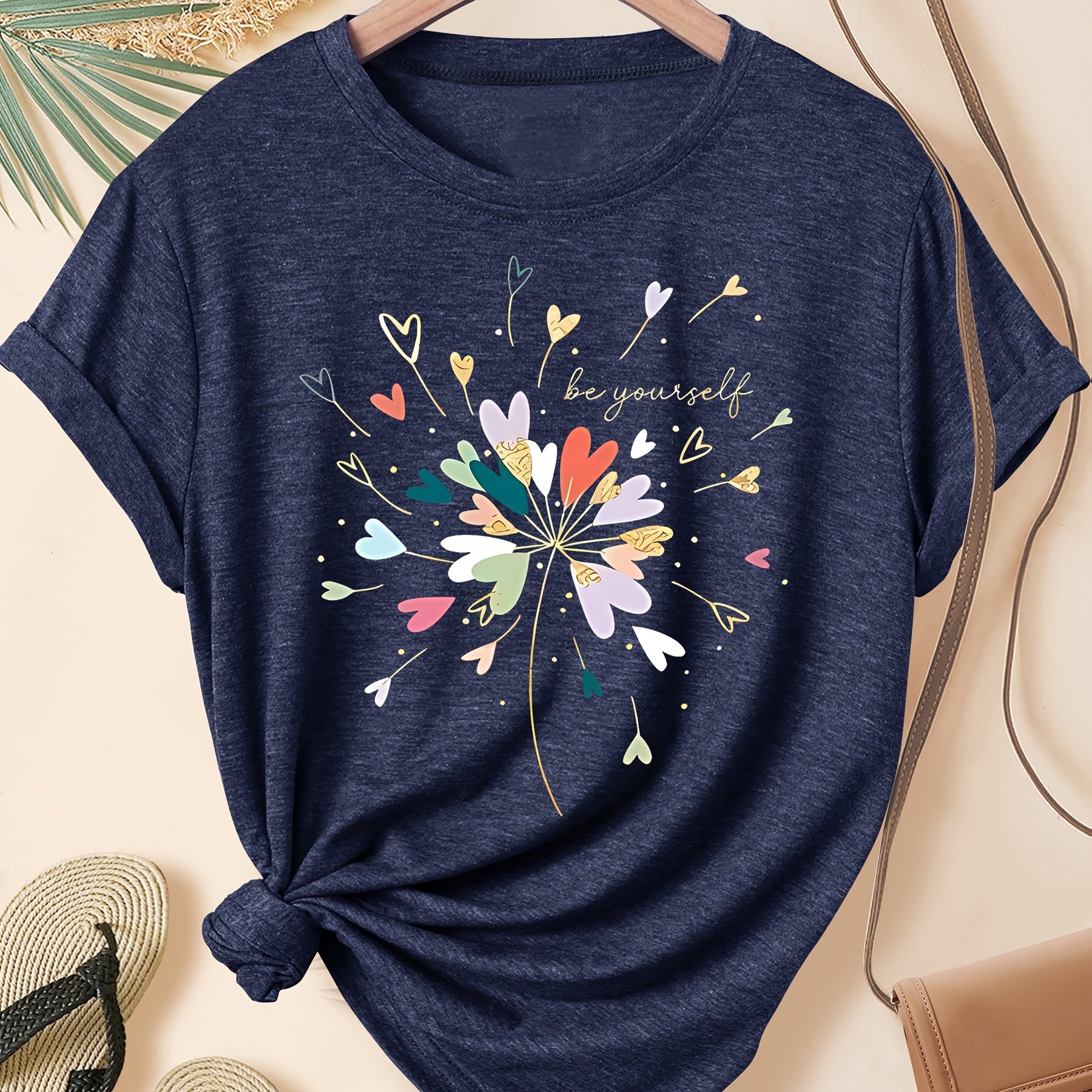 TEMU Heart Fireworks Vintage Style Spring/summer Casual Sporty Round Neck Short Sleeve T-shirt S-xxl