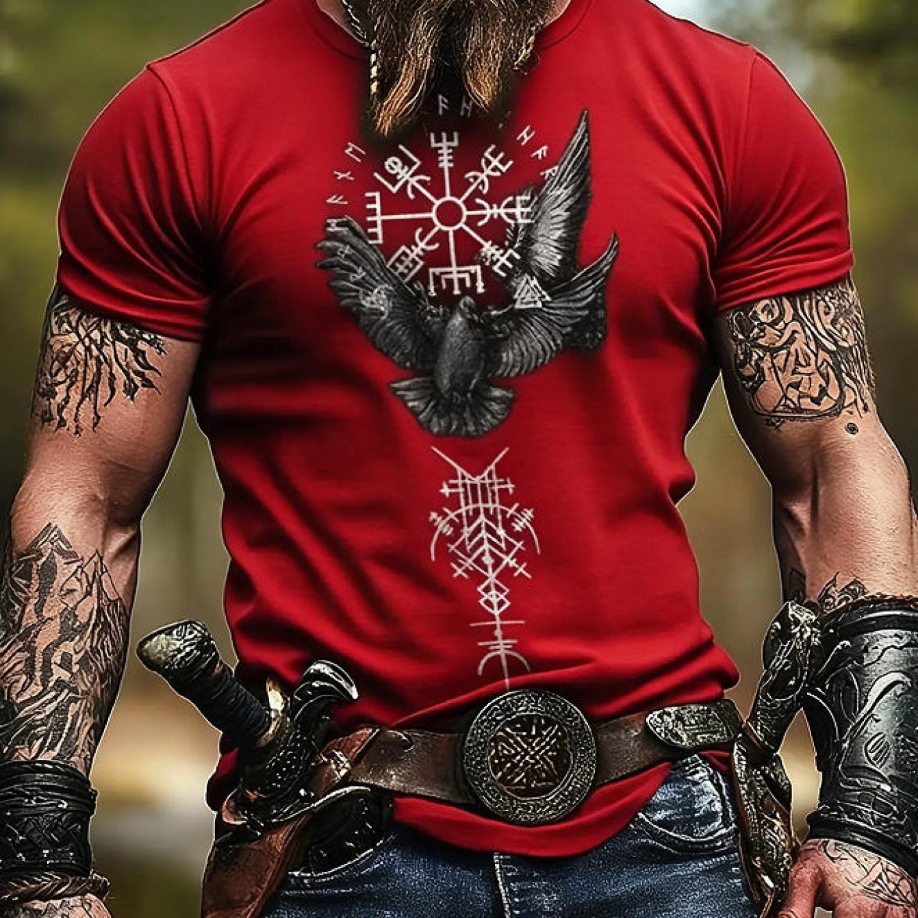 TEMU [print Design-not Textured] Men's Viking Nordic Pattern T-shirt - Lightweight Breathable Short Sleeve Shirt - Suitable For Casual And Themed