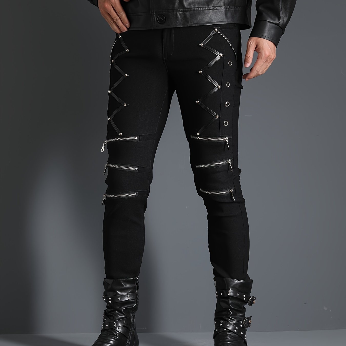 Men's Stretch Clubwear Stage Punk Style Patched Rivet Casual Pants