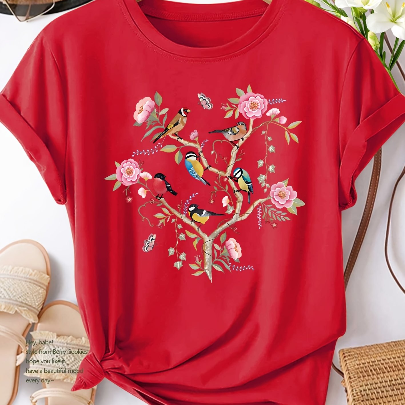 TEMU 2026 New Women's Short-sleeve T-shirt With Pink Floral And Bird Print, Elegant And Versatile For Spring, Summer, And Autumn, Featuring A Round