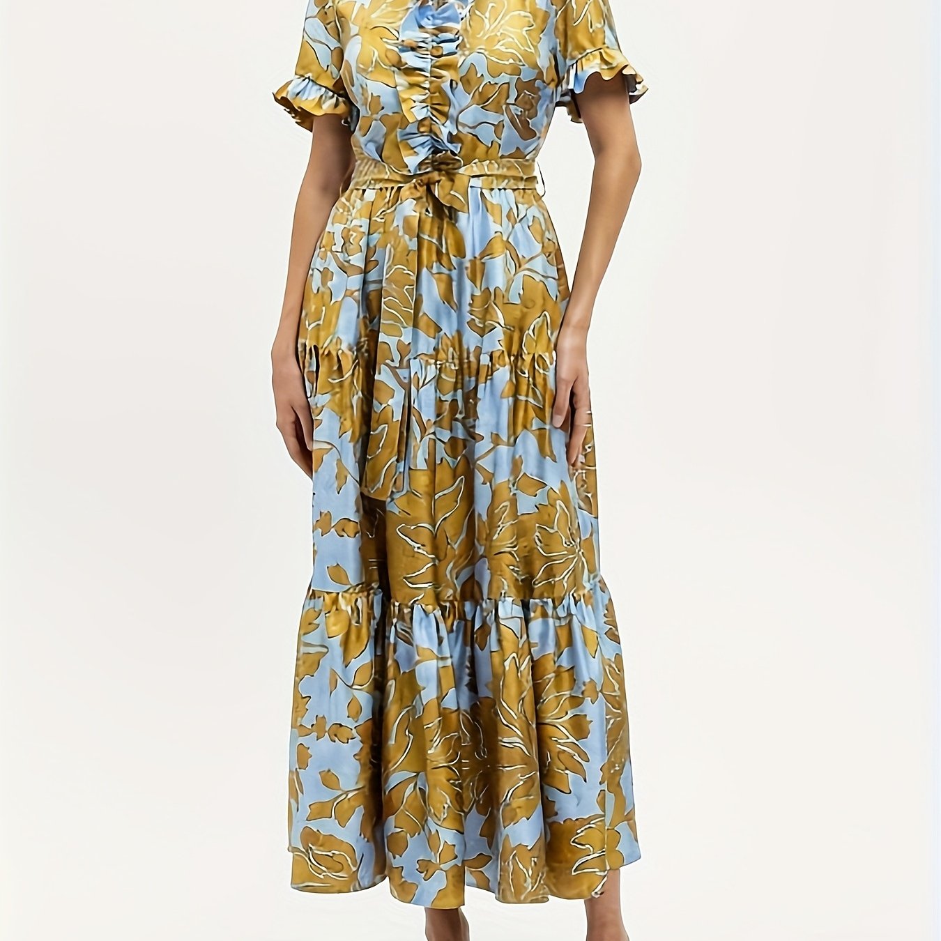 TEMU Faux Blue/yel Floral Print Short Sleeve Tie Layered Maxi Dress, Faux Fabric, Ruffles At Chest, V-neck, Belted Waist, 2 Side Slit Pockets, Short