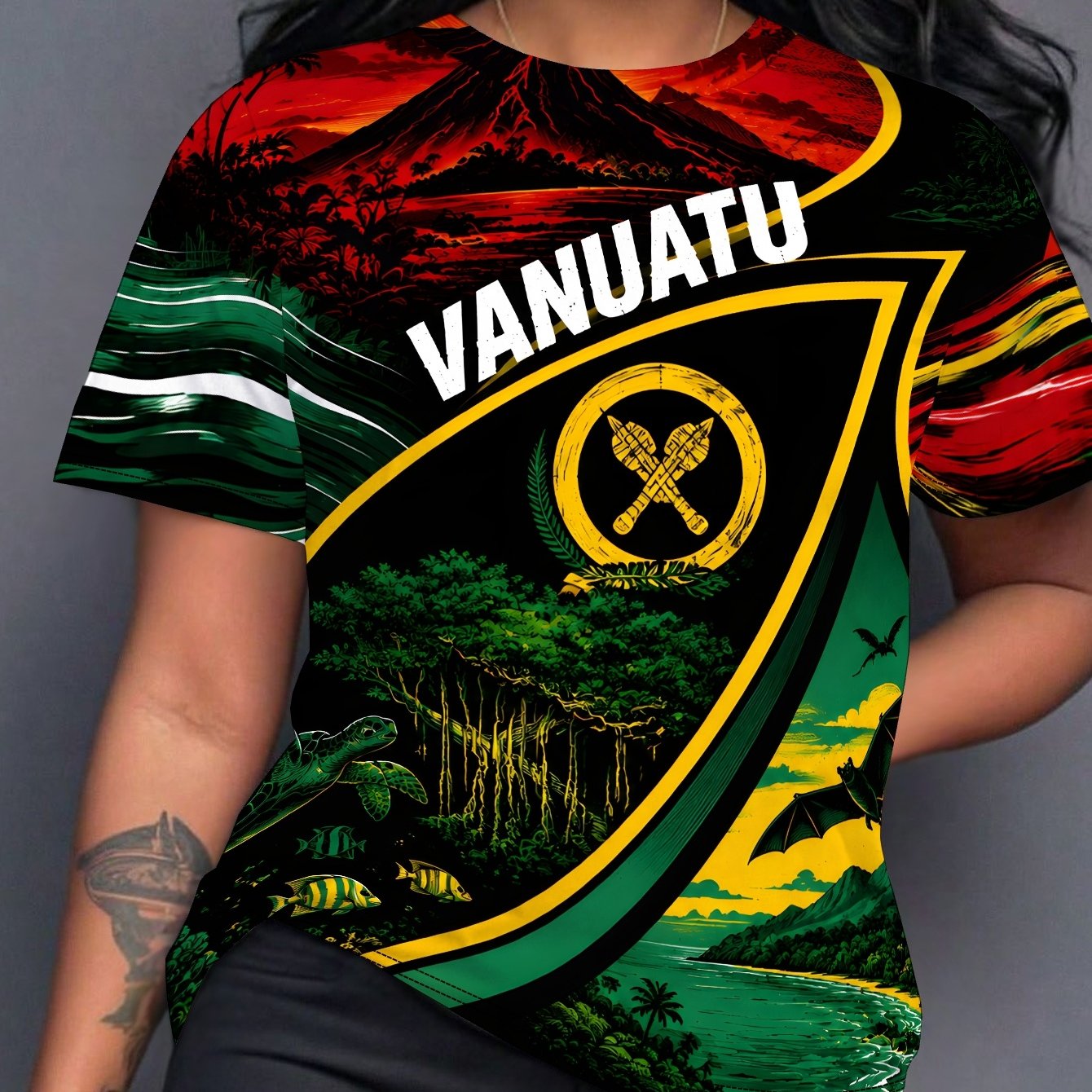 TEMU Vanuatu Volcano Women's Casual Print Round Neck Short Sleeve T-shirt, Daily Tees, , Fashionable For Summer Beach, Vacation
