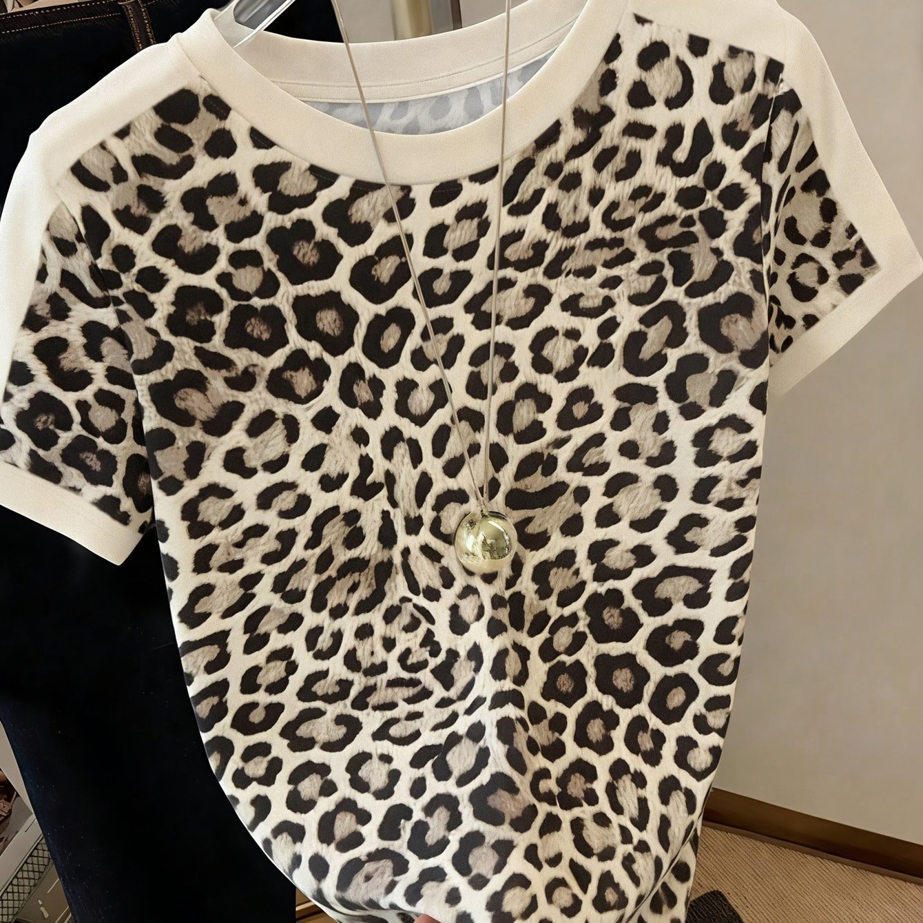 TEMU Vintage Spicy Block Leopard Print Design, Round Neck Short Sleeve Loose Fit Pure T-shirt, High Elasticity, Skin-friendly, Breathable, And