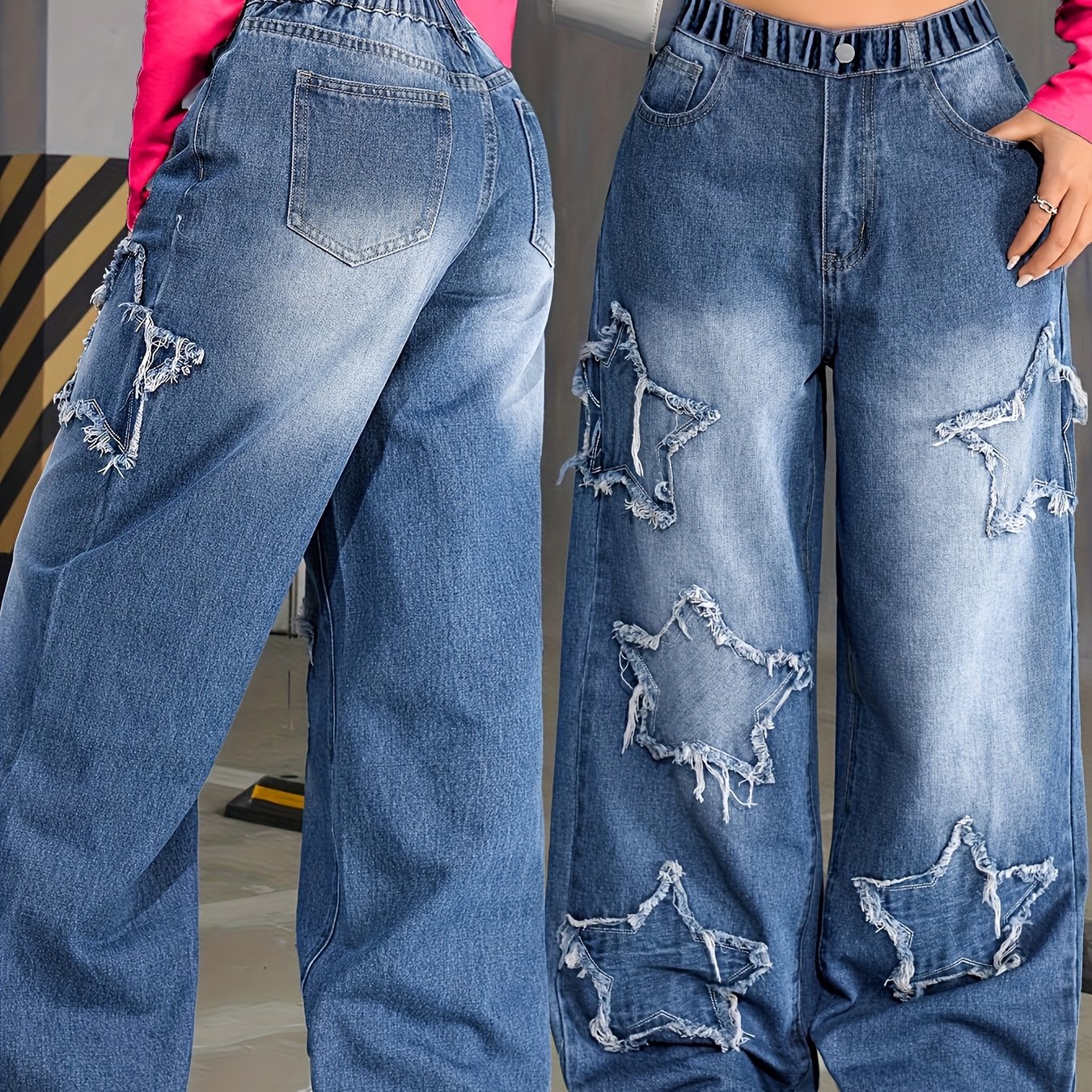 Image of [2025 New Style] Straight-leg Denim For Girls, Y2k Trendy Embroidered Pattern Comfortable Stretch Waistband Fabric Suitable For Autumn/winter And , Back-to-school Essential Trousers