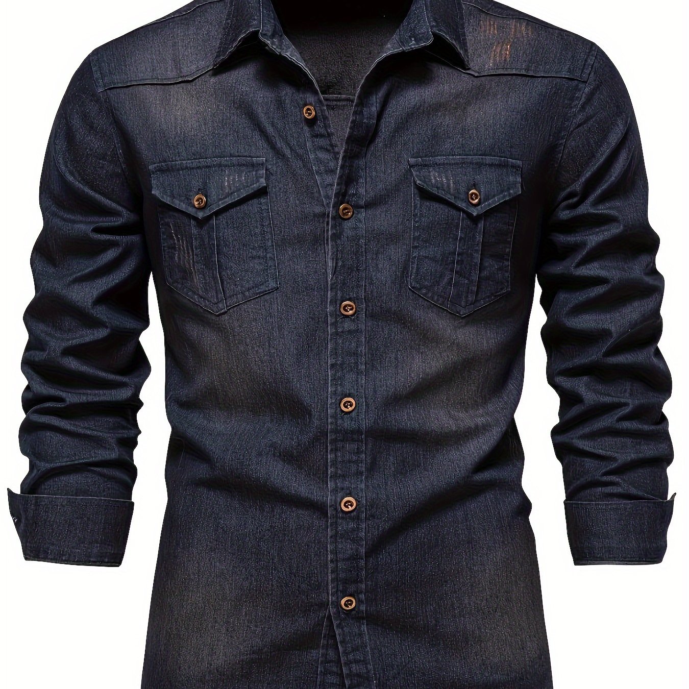 Image of 's Denim Shirt, Casual Solid Color Men's Long Sleeve Dress Shirt, Autumn Menswear