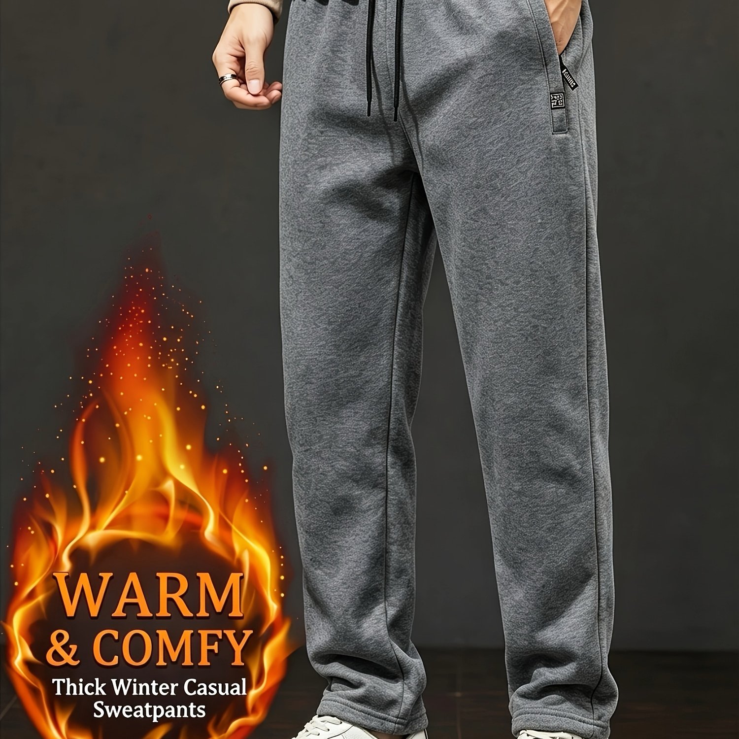 TEMU Autumn Winter New Fleece Thickened Men's Casual Sports Long Pants Loose Fit Casual Trousers Elastic Waist Cincher Side Pockets Pants Running