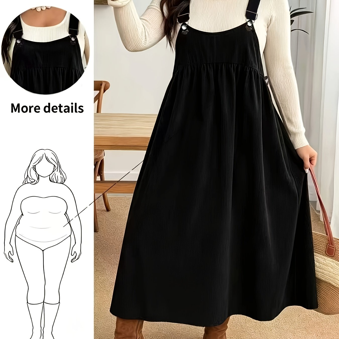 TEMU Grande Taille - Robe Mi-Longue Élégante pour Grandes Femmes avec Bretelles Réglables à Boucle, Robe Manches en Velours de Couleur Unie, Robe