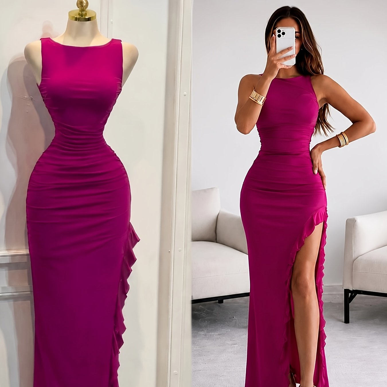 TEMU Y2k New Women's Magenta Sleeveless Vest Dress, Waist-cinching Pleated Irregular Slit Fitted Mid-length Skirt