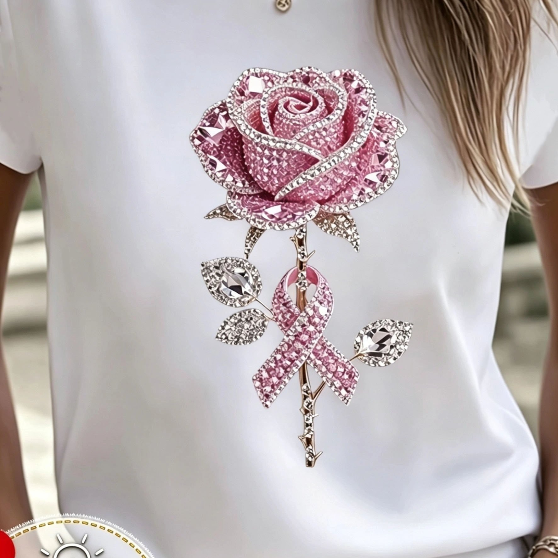 Image of 2d Printed Pink Rose Pink Design, Women's Short Sleeve T-shirt, Comfortable Casual Top Multiple Sizes , Perfect For Outdoor And Everyday Casual Wear