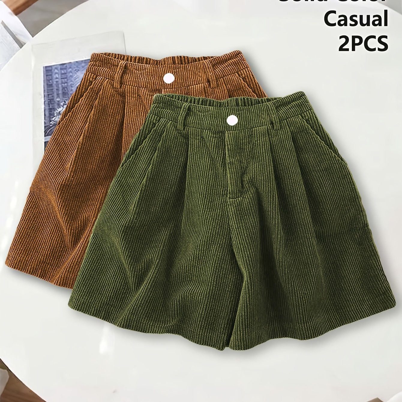 TEMU Women's 2pcs Set Of High-waist Corduroy Wide-leg Bermuda Shorts, Elastic Waist With Pleated A-line Casual Shorts, Single Button Design With Side