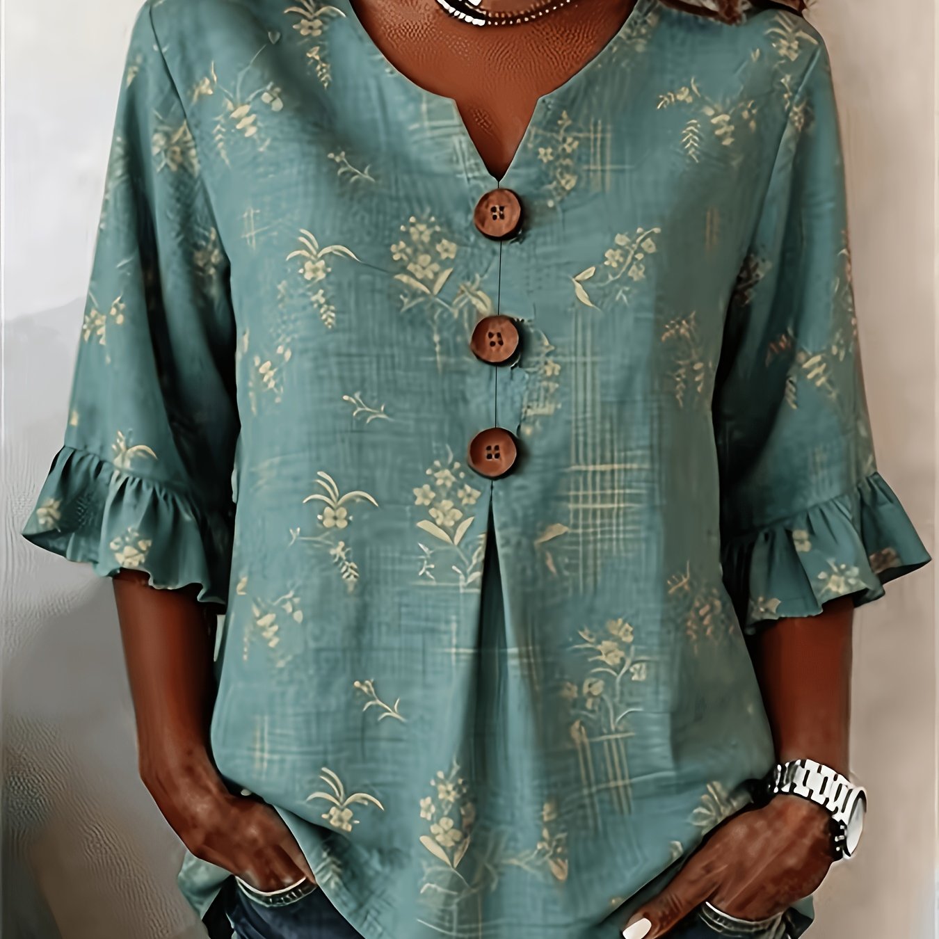 TEMU Plus Size, Women's Floral V-neck Short Sleeve Printed Vintage Spring/summer Casual Top