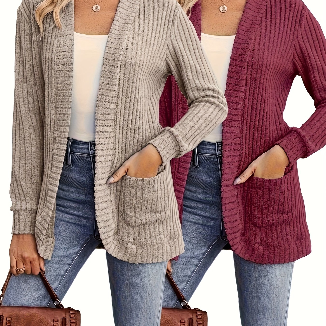 TEMU 2-piece Women's Cardigan Set, Casual Long Sweater, Loose Long Sleeve For Daily Wear, Holidays, Home, Indoor Use With Pockets. "2-piece For And
