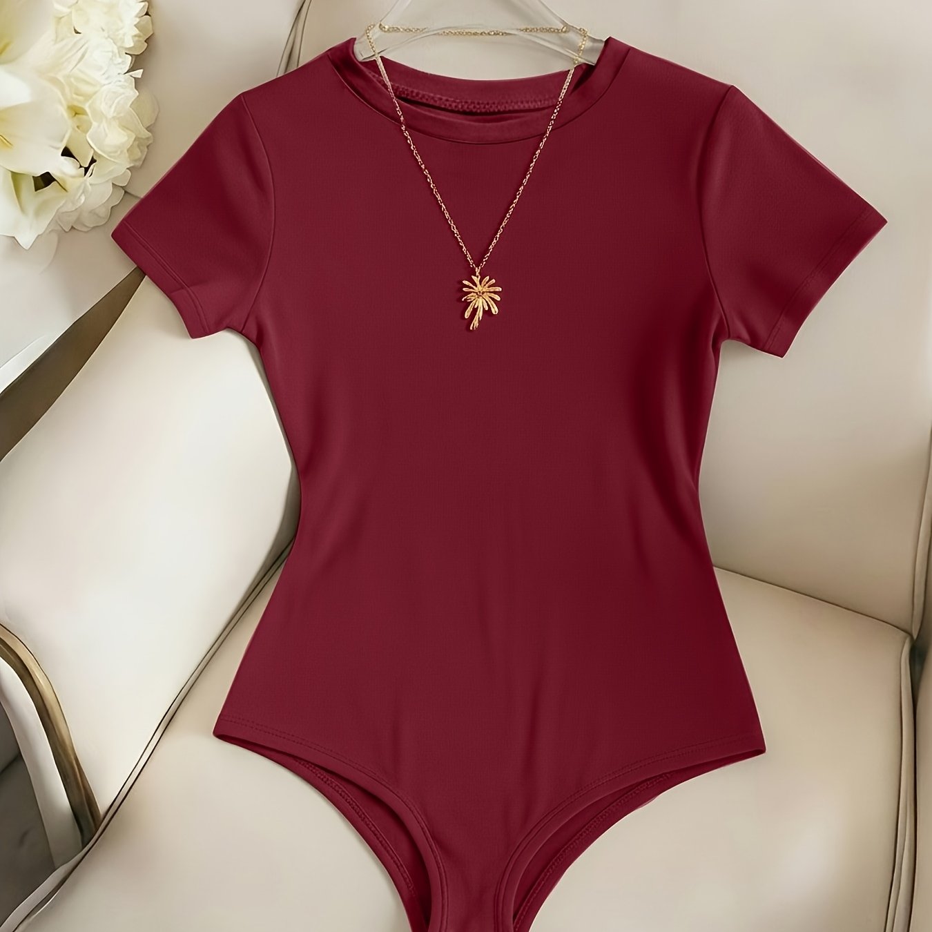 TEMU Solid Color Round Neck Short Sleeve Onesie With Elastic Waist To Highlight Figure, Versatile Base Layer Top