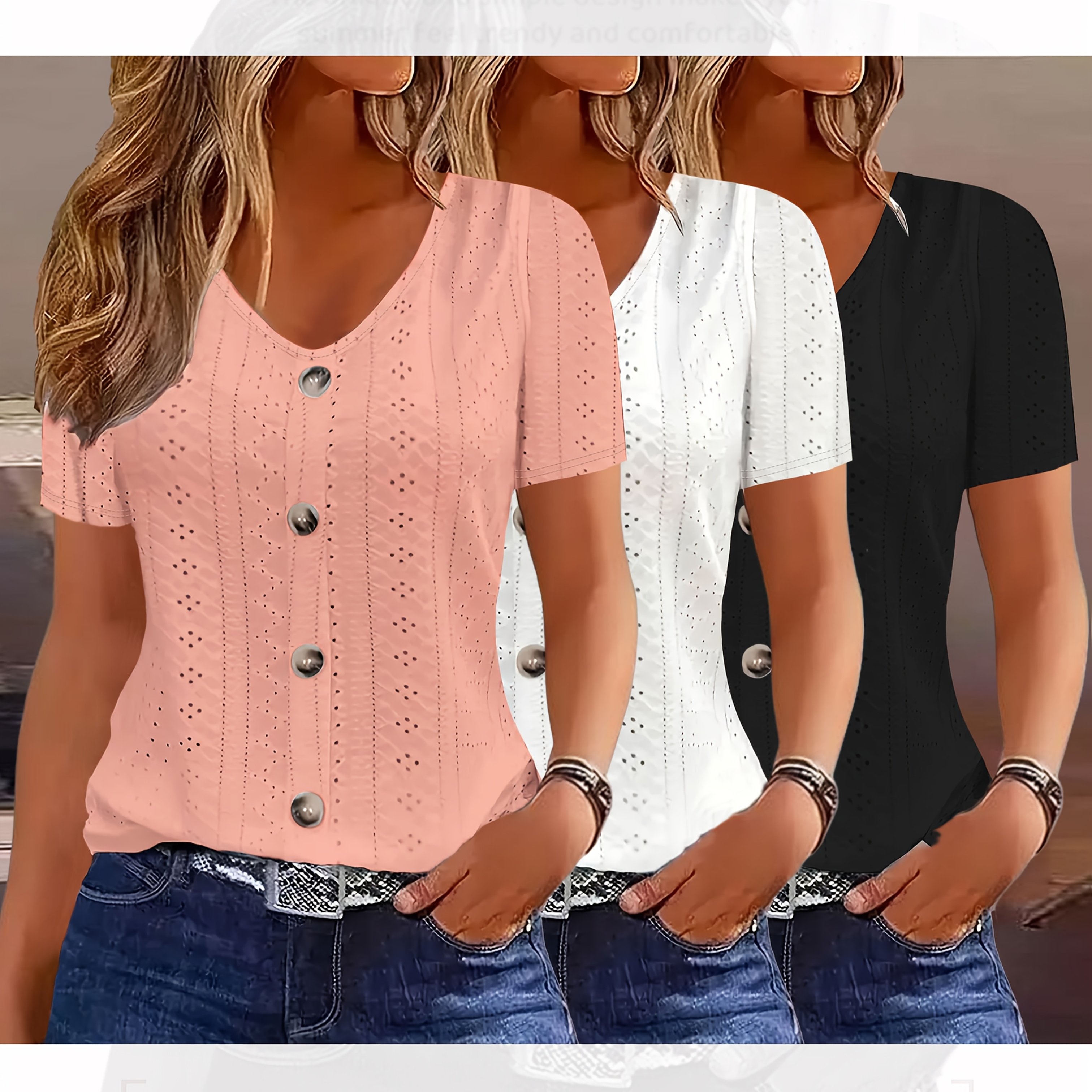 Three-piece Set Of Women's Stylish Hollow Button Short-sleeve Round Neck In Solid Color For Summer