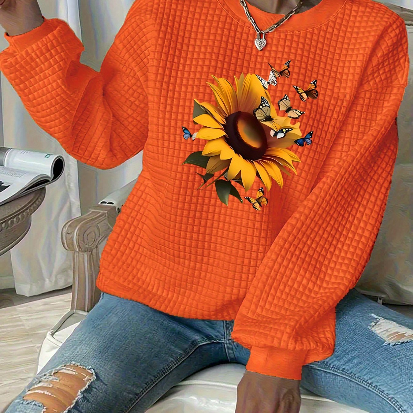 TEMU Plus Size, Plus Size Women's Waffle Texture Sweatshirt, Fashionable Versatile Printed Sweatshirt
