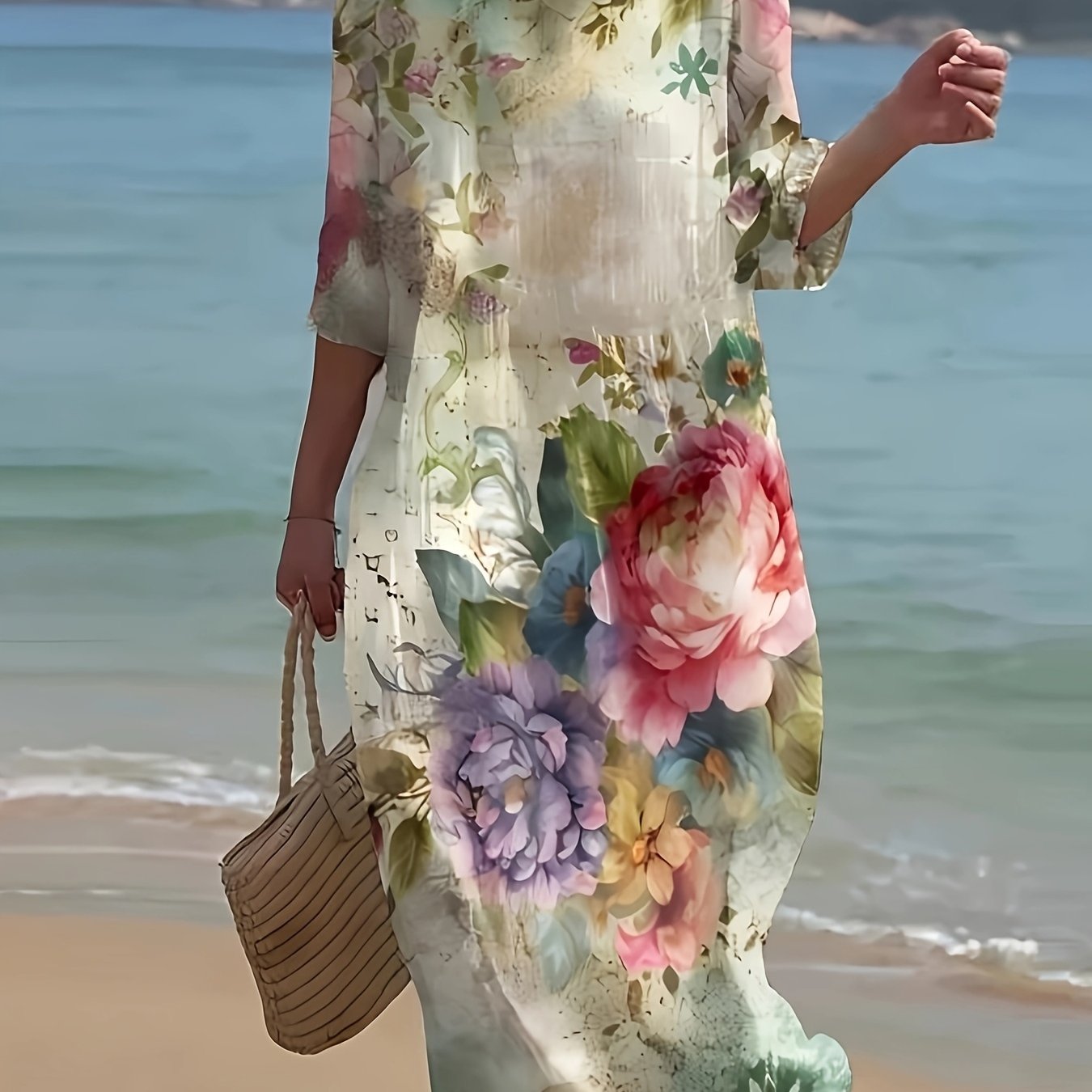 Image of New Arrival Women's Crew Neck 3 Quarter Sleeve Vacation Dress Outdoor Street Wear All Over Retro Floral Print Print Summer Comfortable And Versatile Design Long Dress
