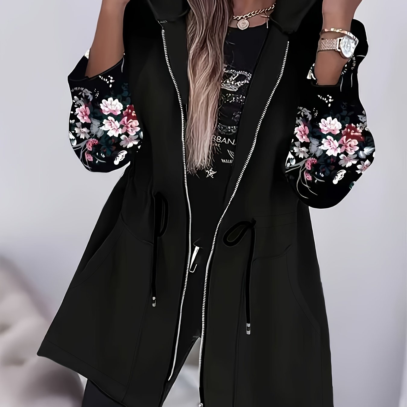 Women's Printed Sleeve Solid Color Body Jacket - Extension