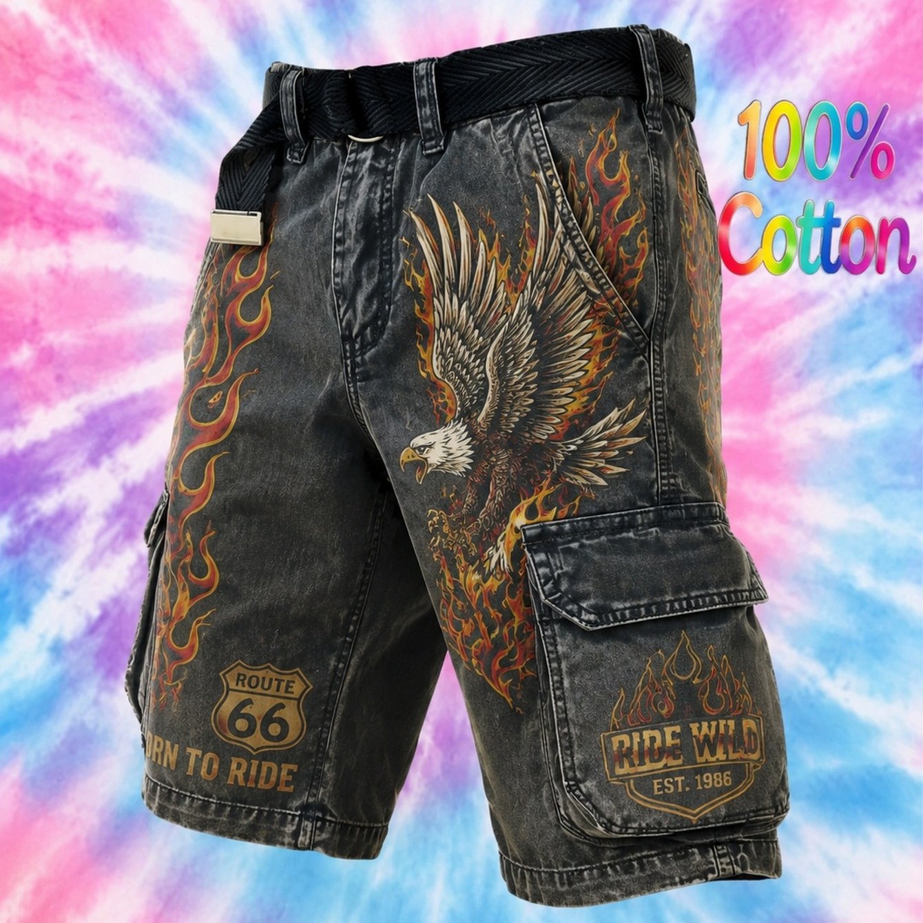 's Retro Cargo Shorts (no Belt) With Eagle And Flame Print, Suitable For Work And Casual Wear. Features Multiple Practical Pockets. A Stylish And Versatile Men's Outfit