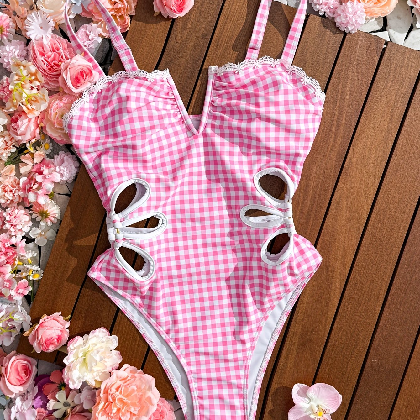 TEMU New -piece Bikini Swimsuit With Lace Trim And Print