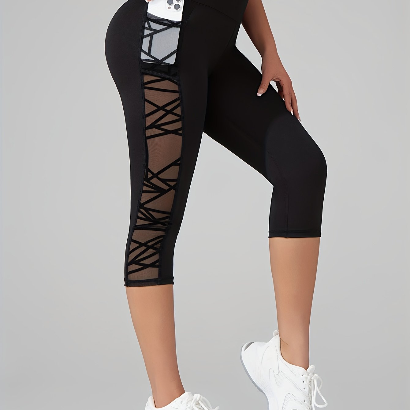 Women's High-waisted Mesh Capri Pants With Pockets, , Stretch Fitness Yoga Pants