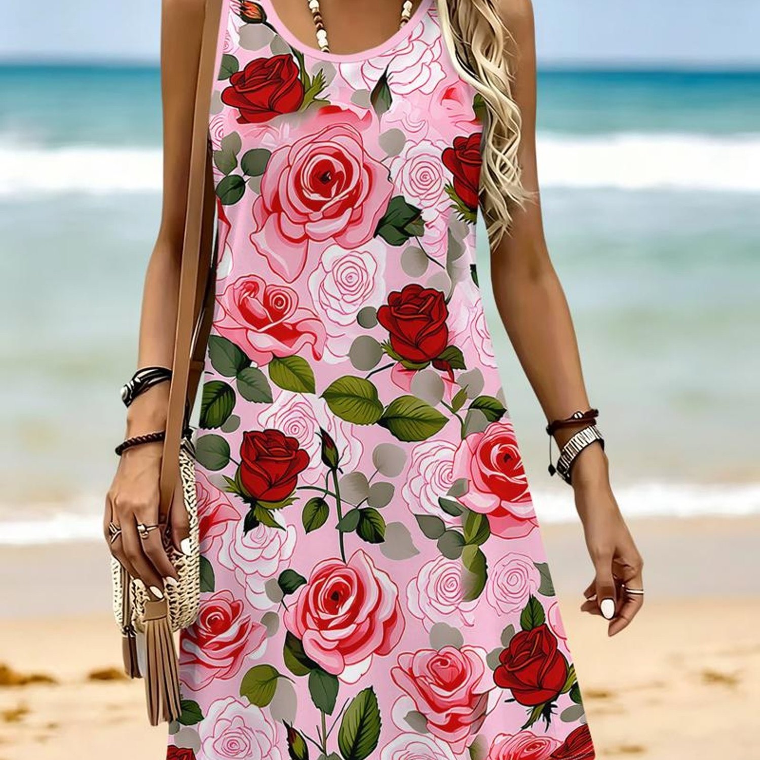 TEMU Women's Pink Rose Floral Sleeveless Tank Dress, Casual Graphic Print A-line Mini Sundress For Summer Beach Vacation, Travel And Daily Wear
