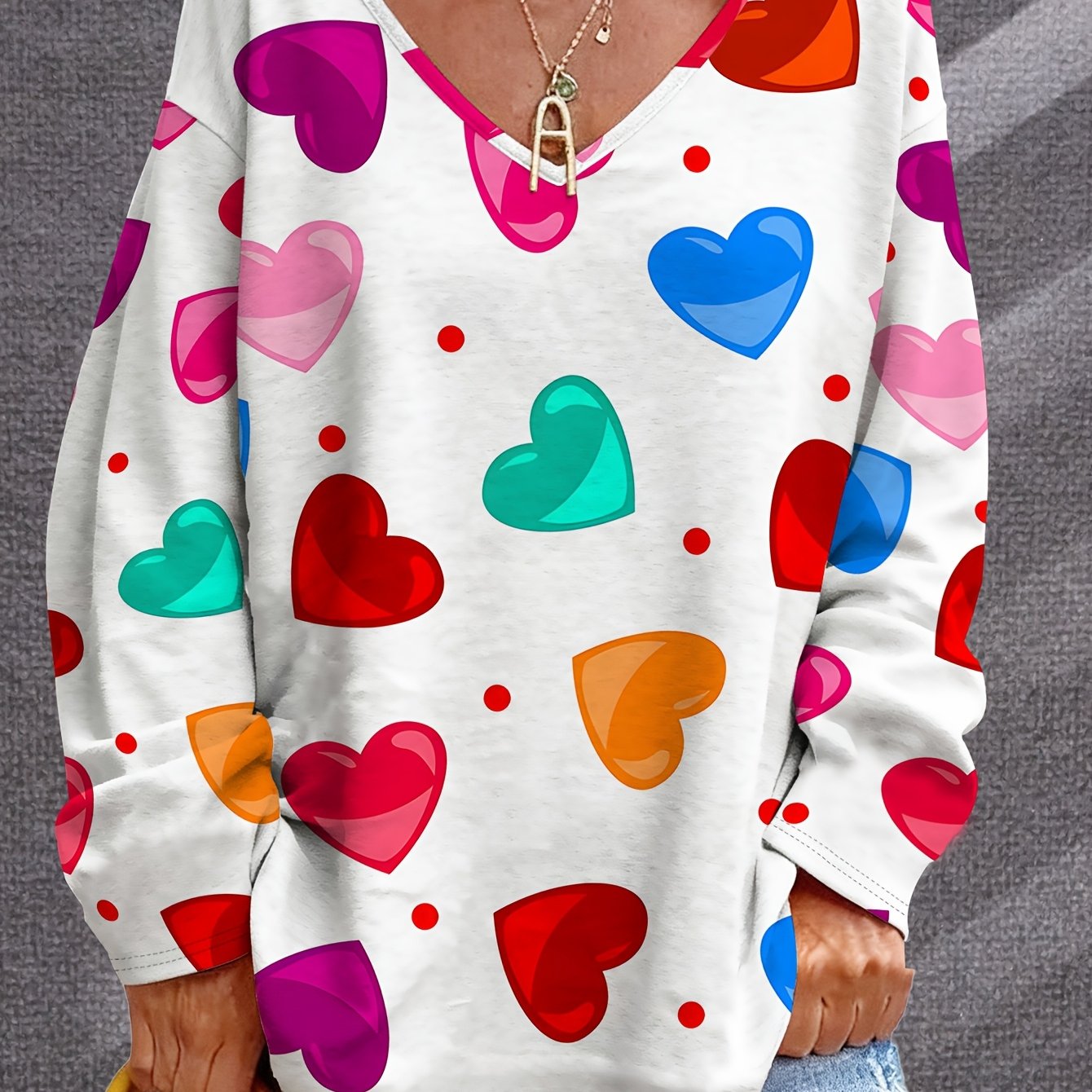 TEMU Plus Size - Plus Size - Plus-size Women's V-neck Colorful Heart Pattern Loose Long-sleeve Top, A Stylish And Versatile New Autumn Knitwear For