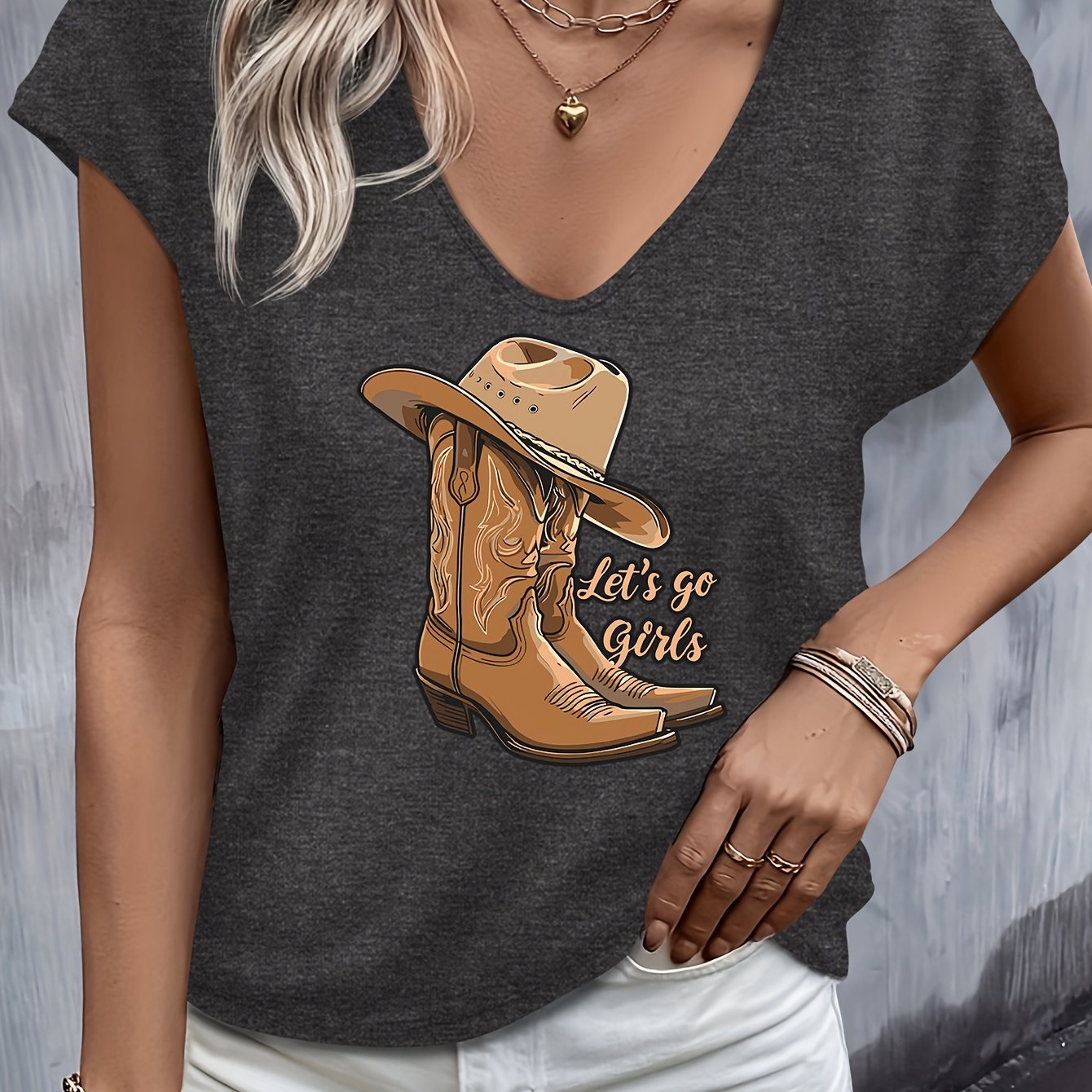 TEMU Western Cowgirl Boot & Hat Graphic Women's T-shirt - V-neck, Short Sleeve, Casual Spring/summer Top, Stretchy Blend Fabric, Applique Design,