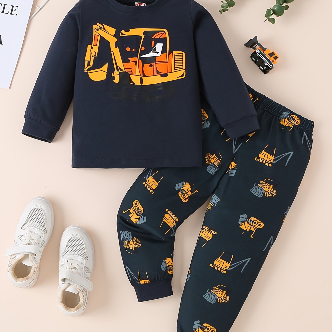 Image of Boys' Fashionable Spring/autumn Excavator Print Long Sleeve Top & Random Excavator Print Drawstring Pants Casual Two-piece Set, Perfect For Outdoor