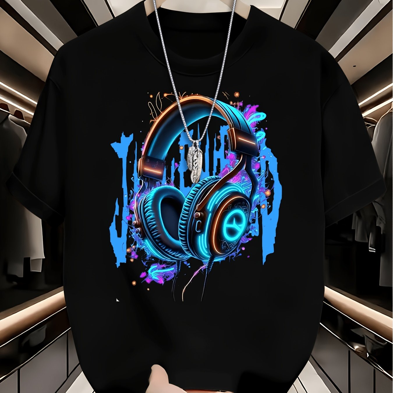 Teen Summer Tshirt Elastane Casual Crew Neck Top With Geometric Headphone Print Slightly Stretch Knitted Fabric 200g M2 Regular Version For Teenage Boys
