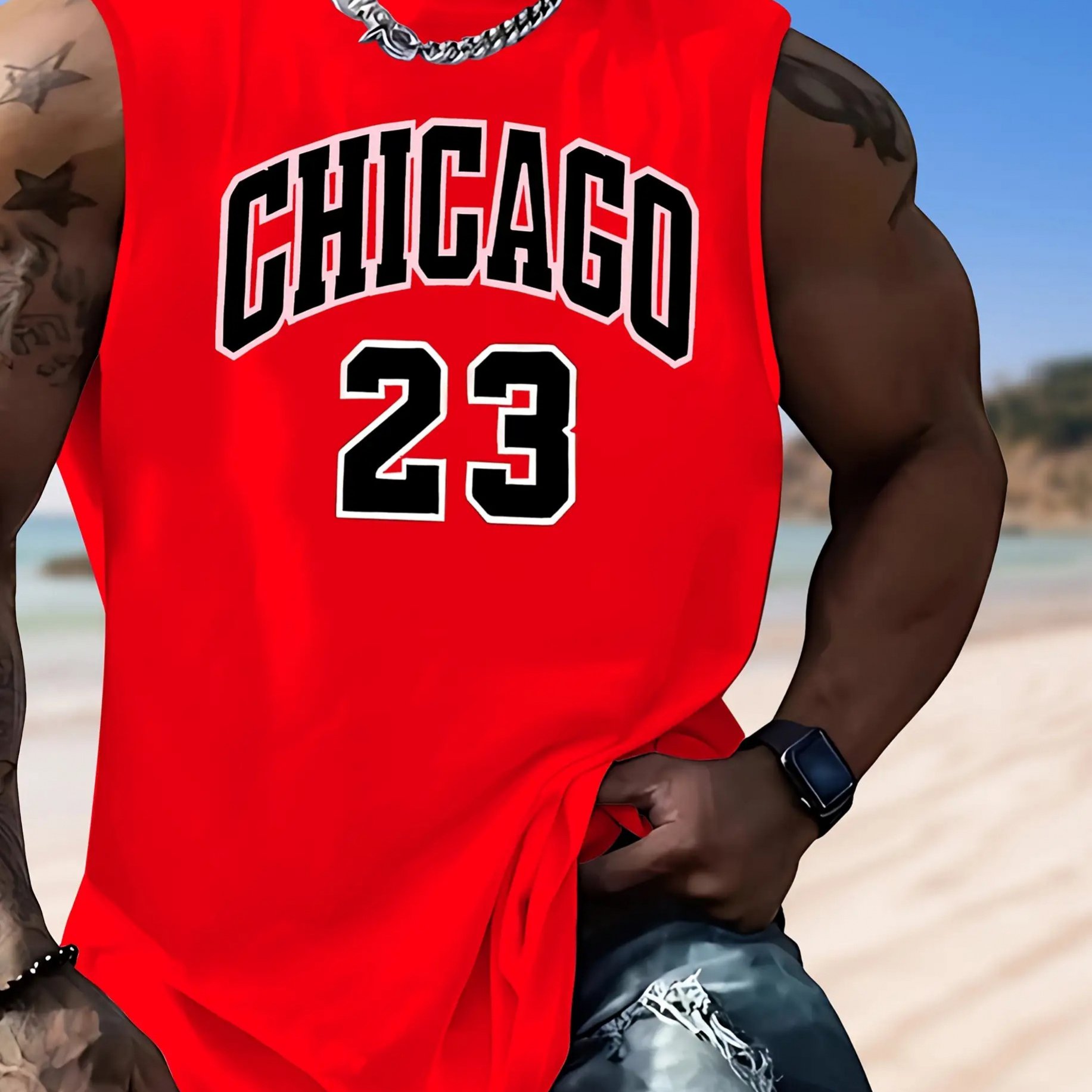 TEMU [print Design-not Textured] Men's Chicago 23 Red Sleeveless Tank Top - Summer Athletic Quick-dry, With , Machine Washable, Suitable For Gym,