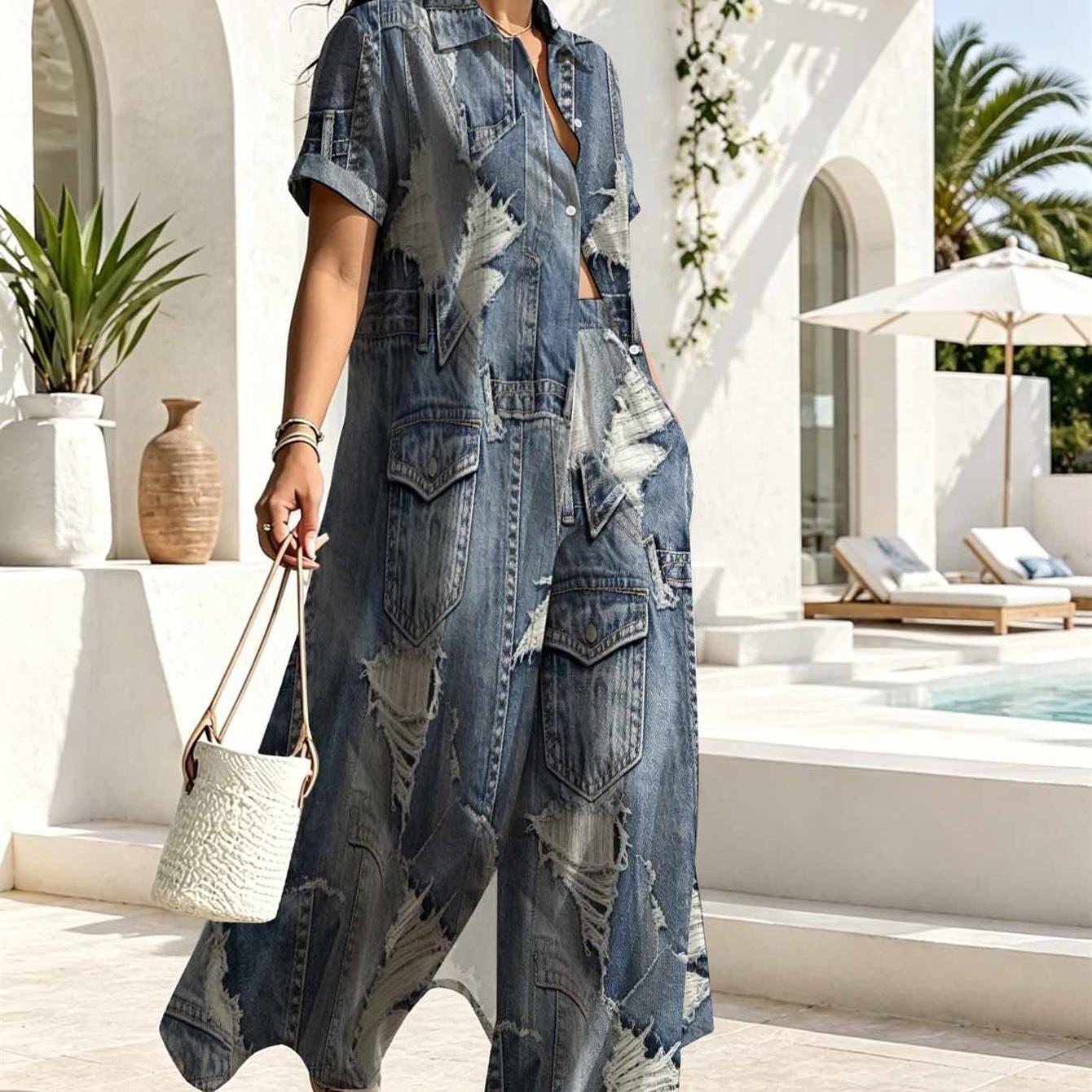 Plus Size, Ripped Denim Jacket Dress Set Casual Outing Vacation Date Daily Wear