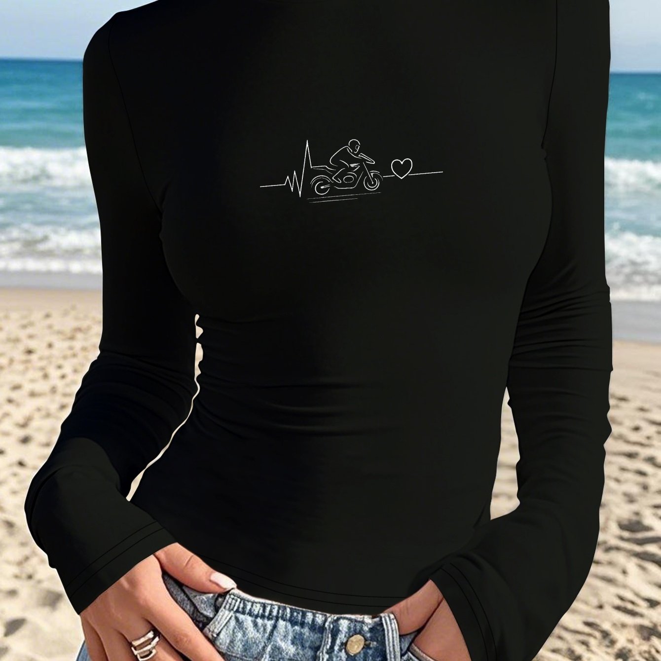 TEMU Women's Long Sleeve Shirt Featuring A Heartbeat Line Art Design With A Motorcyclist Theme