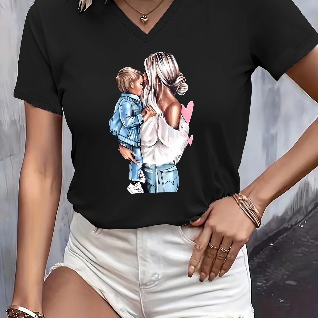 TEMU Graphic Print T-shirt, Short Sleeve V Neck Casual Top For Summer & Spring, Women's Clothing