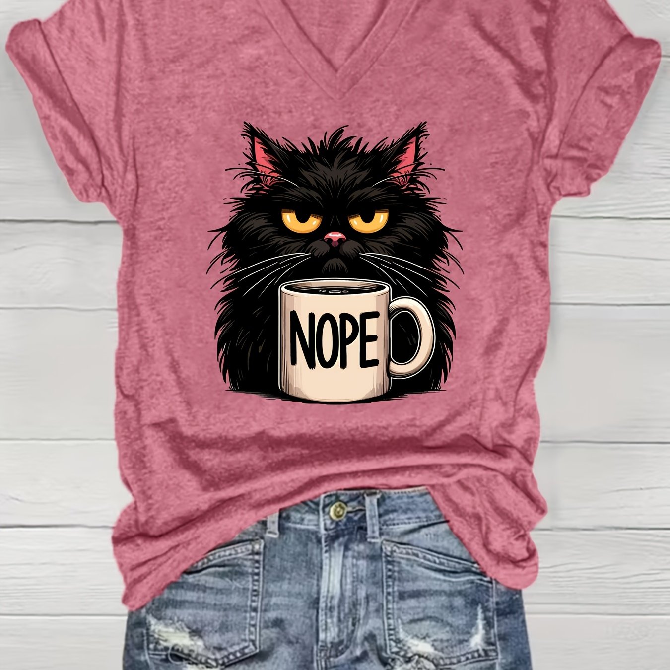 TEMU Plus Size Women's V-neck Casual T-shirt Black Cat Holding Coffee Mug With Nope Text Pattern Print, Loose And Easy To Match, Machine Washable