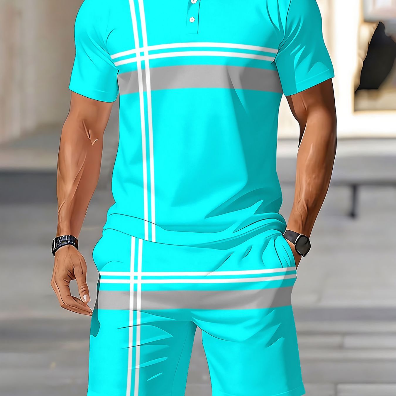 Men's Fashion Sporty Casual Set, New Summer Style, Lapel Short-sleeve Shirt With Comfortable Shorts, European And American -block Quick-dry Breathable 2pcs Set