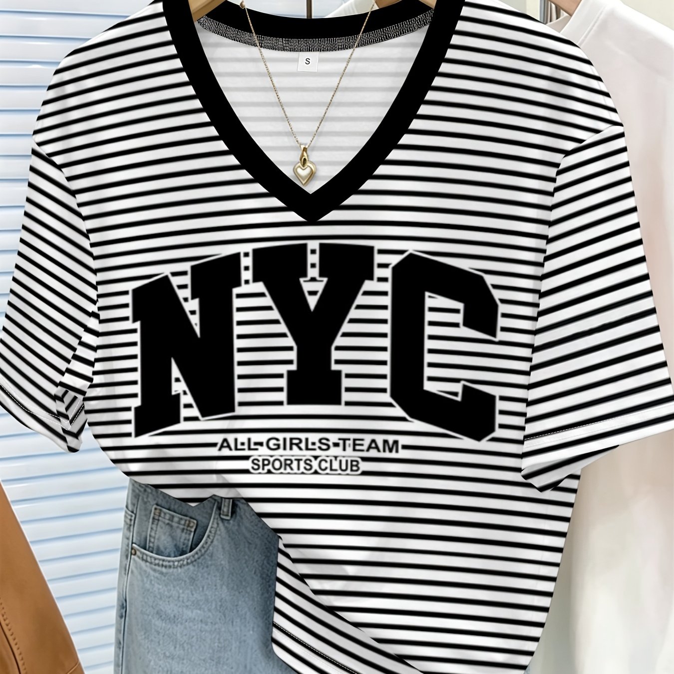TEMU Striped V-neck Nyc Letter Print Short-sleeve T-shirt Women's Loose Versatile Casual Top Fashion Trend Summer New Niche Wear Match Thin And