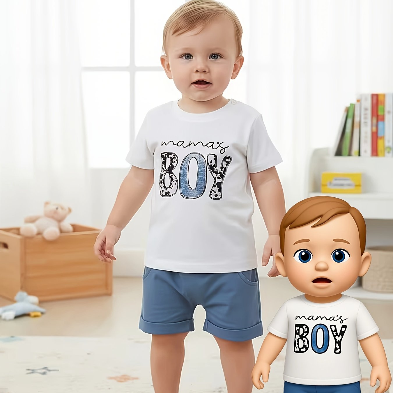 Image of A Stylish Summer Outfit For Boys Aged 0-2, Featuring A White Short-sleeve Shirt With Letter Prints And Shorts With An Elastic Waistband And Pockets, Essential For Outdoor Activities In Summer
