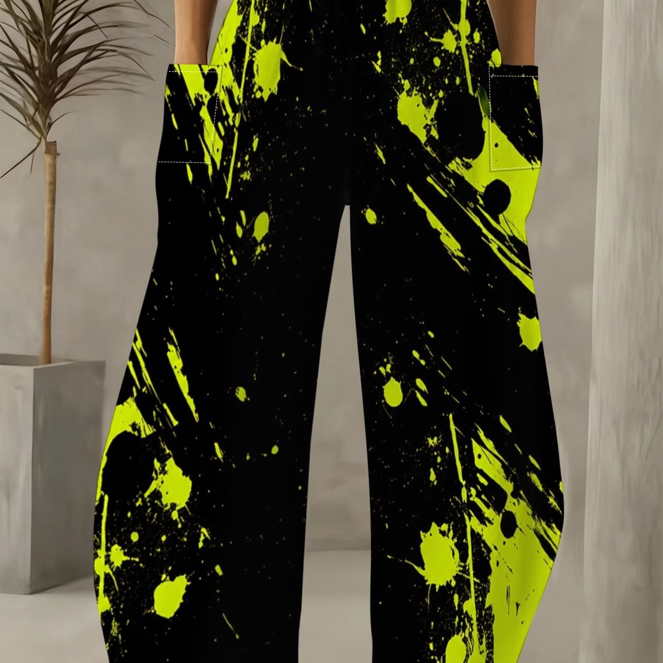 TEMU With Fluorescent Yellow Ink-splatter Wide-leg Pants, Featuring A Loose-fitting, Silhouette. The High-contrast Colorblock Design An Inherent