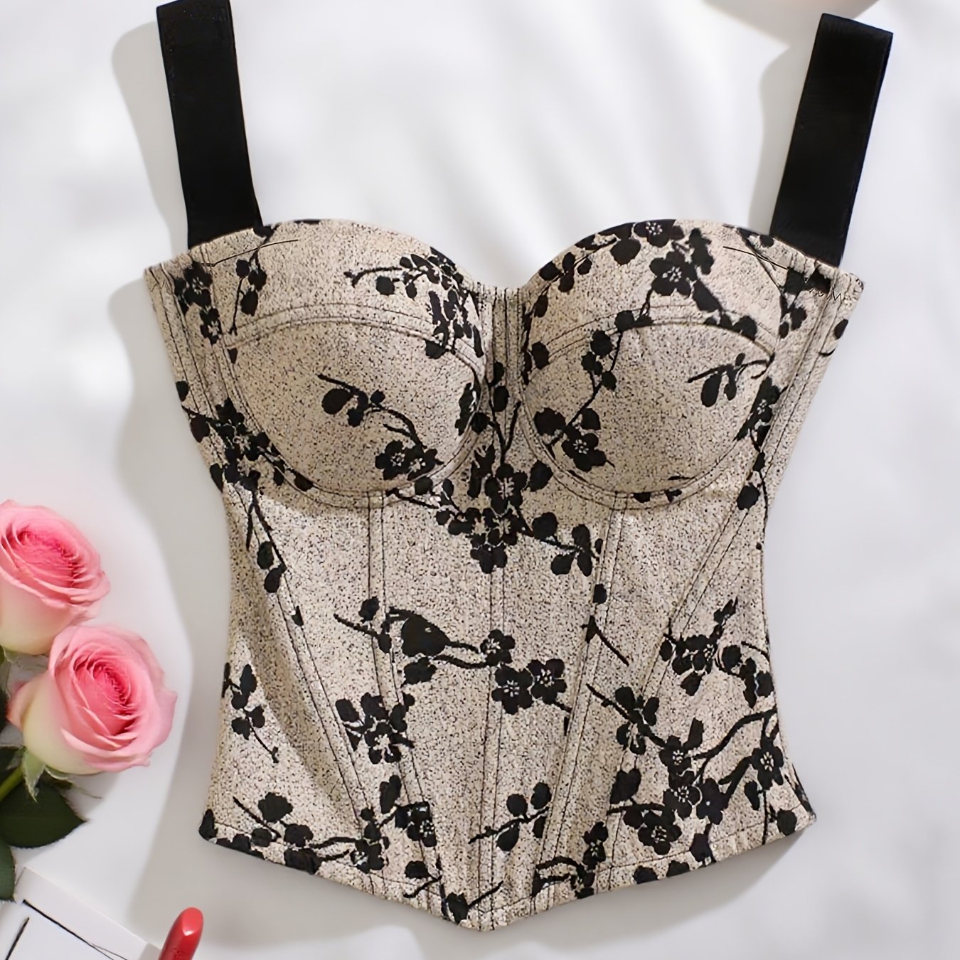 TEMU Elegant Women's Clothing, Women's Bodycon Crop Top, Beautiful Floral Print Ethnic Style Fishbone Zipper Bodycon Camisole Tube Top, Suitable For