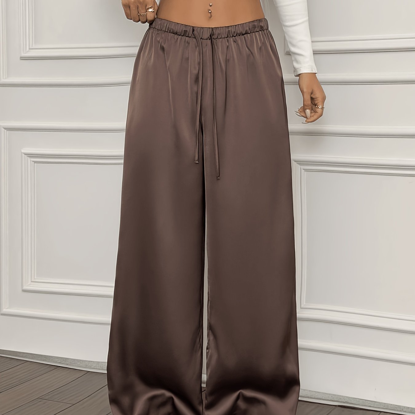 TEMU Casual Retro Satin Multi-functional Brown Wide-leg Pants