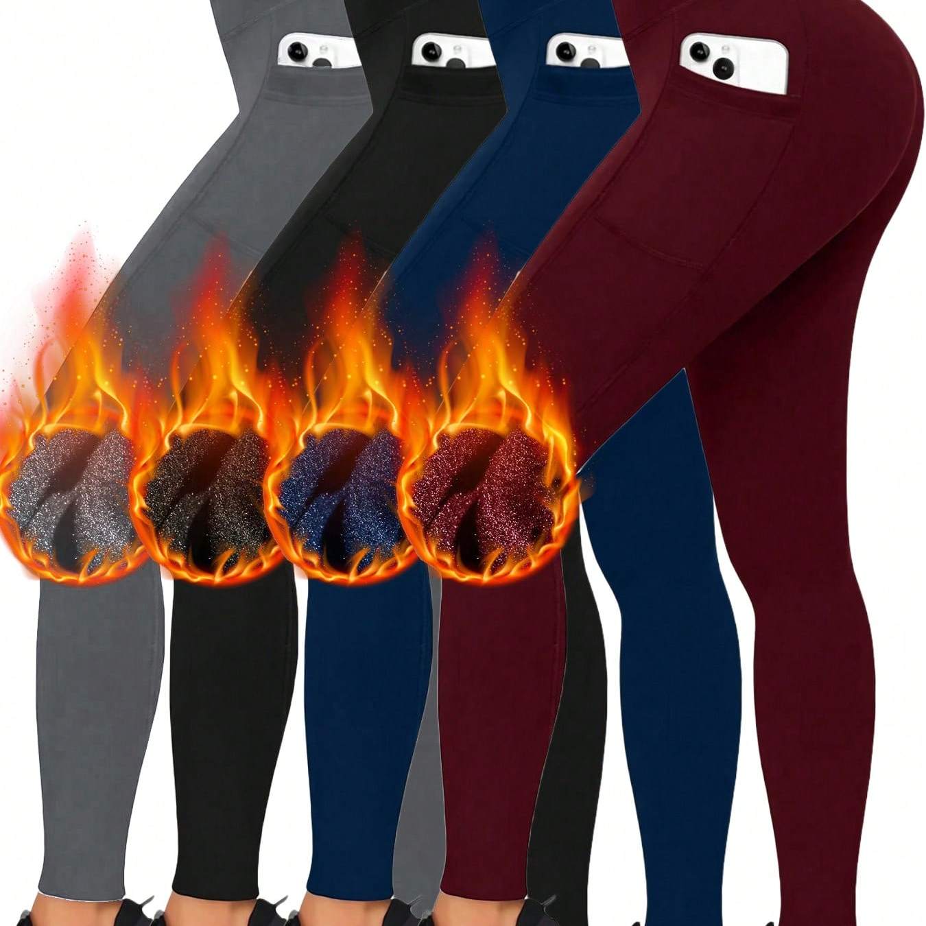 Image of 4-pack Women' Winter Leggings - Fleece-lined Tummy Control Workout Pants With Lift & Shape Technology, Thermal Gym Pants Suitable For Training,, Casual Attire, Non-sheer Solid Color (hand Washable)