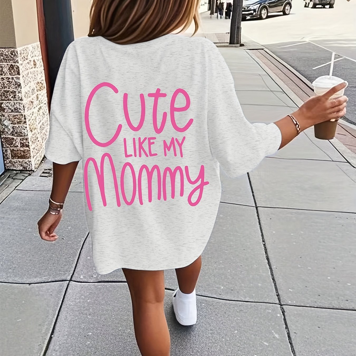 Image of Girls' & Pink "cute Mommy" Short Sleeve T-shirt - 100% Cotton Casual Round Neck Top With Pink Cursive Lettering, Spring Summer Matching Mom & Outfits, Casual Attire For Kids