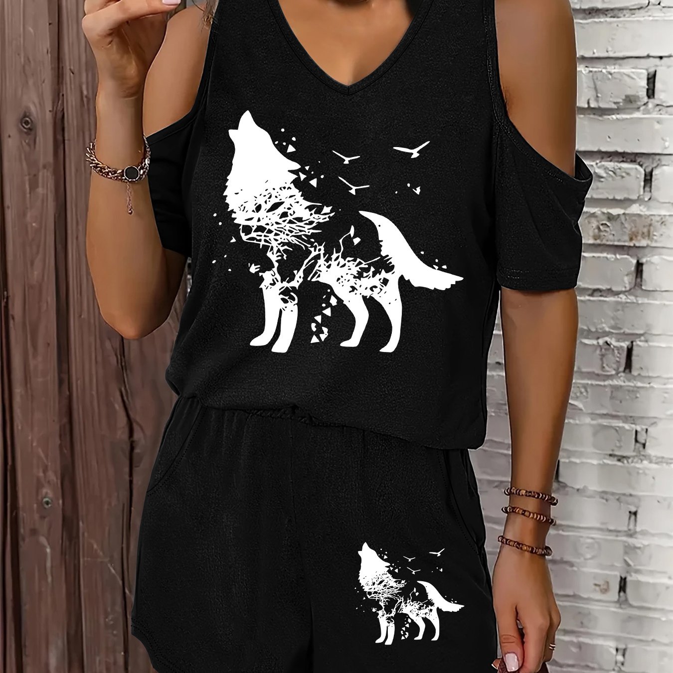 TEMU 4.19 Damen V-Ausschnitt Off-Shoulder T-Shirt und Shorts mit Zweiteiler, Bedrucktes Design, Damen Frühlings- und Sommer V-Ausschnitt Off-Shoulder